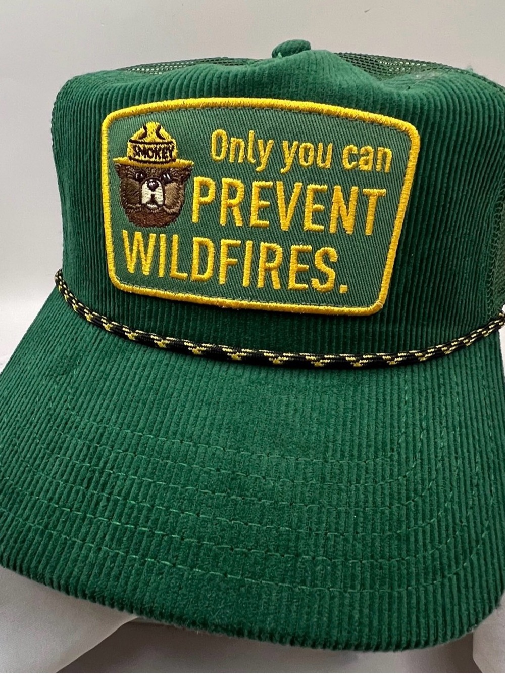 NEW- Smokey Bear Cap Hat Only You Can Prevent Wildfires Vintage Corduroy Green